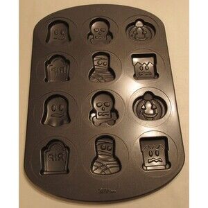 Wilton Halloween 12 Cavity 6 Designs Non-stick Cookie Pan Ghost/Skull/RIP & More
